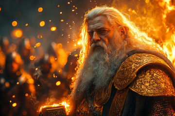 regal dwarven warrior with a glowing hammer amid a fiery backdrop