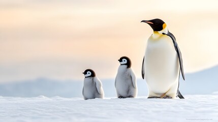Fototapeta premium Emperor penguins and chicks nestled in the snow, endearing National Penguin Day atmosphere