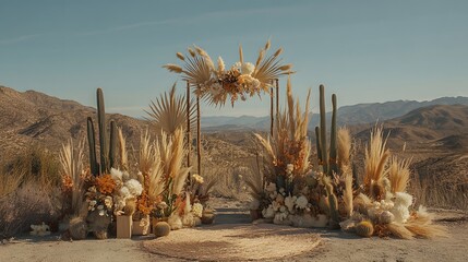 A desert chic wedding backdrop with a boho arch, cacti, and dried desert flowers