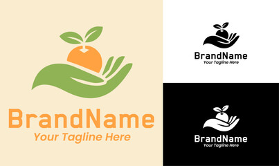 Organic Food Logo Design with Hand and Orange Illustration