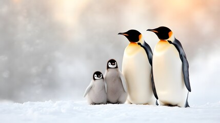 Fototapeta premium Emperor penguins and chicks nestled in the snow, endearing National Penguin Day atmosphere