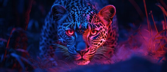 Night Vision Jaguar: A majestic jaguar's piercing gaze, illuminated by vibrant neon hues, commands attention in a captivating close-up. The dark.