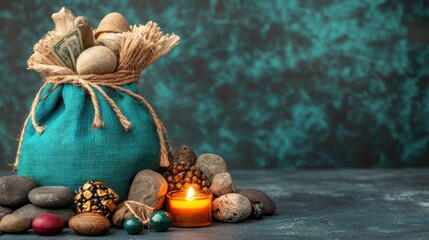 A decorative teal bag filled with stones and surrounded by pebbles and a candle, creating a tranquil and aesthetic scene.