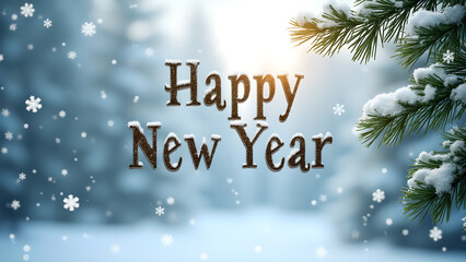 Happy New Year greeting with winter snow and evergreen tree. Concept of celebration and holidays.