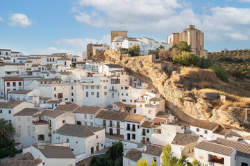 Setenil de las Bodegas and church our lady of the incarnation, , Cadiz, Andalucia, Spain