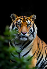 Fototapeta premium Portrait of a withe tiger with a black background, blurry foreground, with white tones