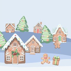 Naklejka premium Merry Christmas! Happy New Year - simple abstract pre-made background on a festive winter theme with a gingerbread house in a flat style. Digital illustration