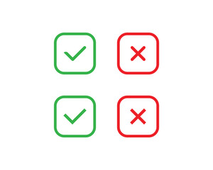 Red cross and checklist icon. Red cross and tick mark icon set