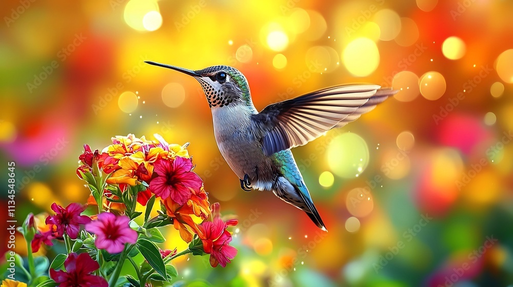 Poster tiny hummingbird hovering next to vibrant flower symbolizing agility and precision