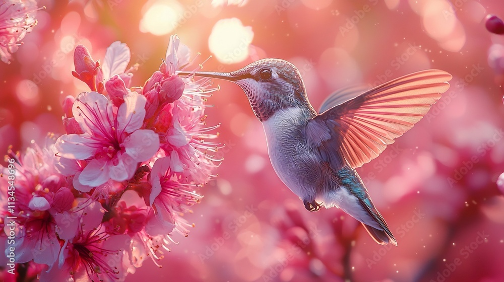 Poster tiny hummingbird hovering next to vibrant flower symbolizing agility and precision