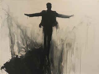 Powerful abstract depiction of a figure with outstretched arms, rendered in deep black ink against a softly contrasting background, embodying a sense of freedom, release, and emotional depth.
