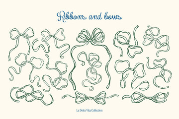 Minimalist hand drawn ribbons and bows vector illustration collection. Art for greeting cards, wedding invitations, poster design, postcards, branding, logo design, background.	