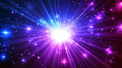 Fototapeta premium Vibrant neon light rays in purple and blue, representing high-speed space travel, time tunnel, and digital art design concepts.