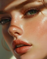 Fototapeta premium Closeup of face, pretty woman, soft light