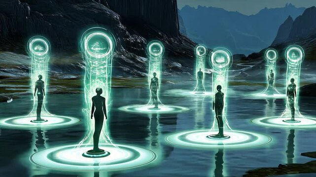 Futuristic hologram figures emerge in tranquil mountain landscape
