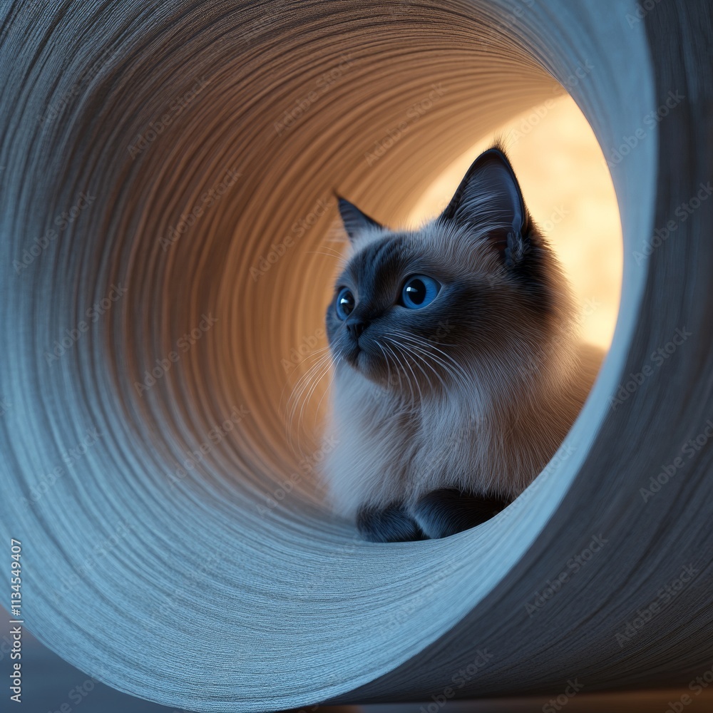 Poster a detailed render of a long-haired siamese cat peering out from behind a curved structure with dynam