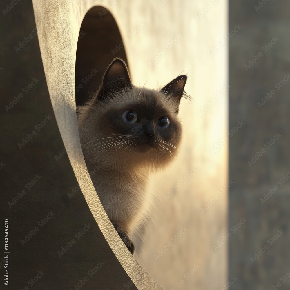 Poster a detailed render of a long-haired siamese cat peering out from behind a curved structure with dynam