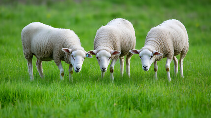 sheep grazing in grassy field, three fluffy sheep outdoors