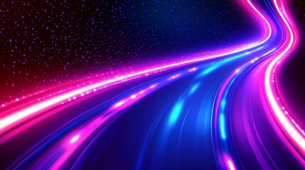Vibrant neon light rays in purple and blue, representing high-speed space travel, time tunnel, and digital art design concepts.