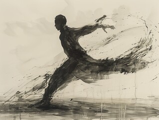 Dynamic abstract representation of a figure in motion, captured through expressive black ink strokes that convey energy and fluidity, set against a soft, neutral background that enhances the sense of 