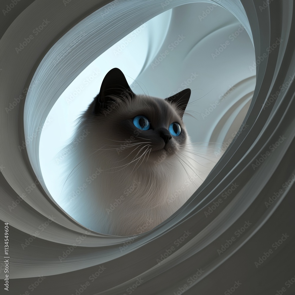 Poster A detailed render of a long-haired Siamese cat peering out from behind a curved structure with dynamic lighting