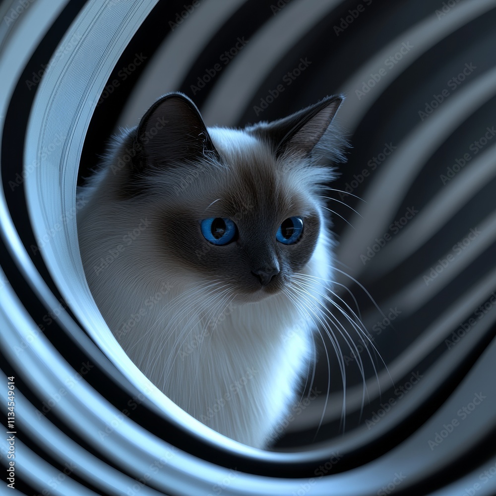 Poster a detailed render of a long-haired siamese cat peering out from behind a curved structure with dynam