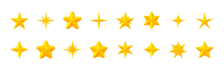 Obraz premium Golden stars flat set. Various star designs, including five pointed radiant, sparkling vibrant shapes for holiday decorations, rating, award, certificate, greeting card, poster, branding, web design