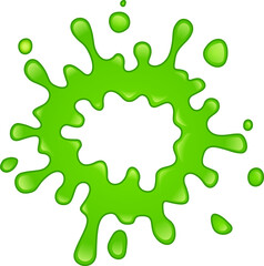 Bright green slime is splashing, creating a dynamic and vibrant splat with smaller droplets surrounding it against a clean white background