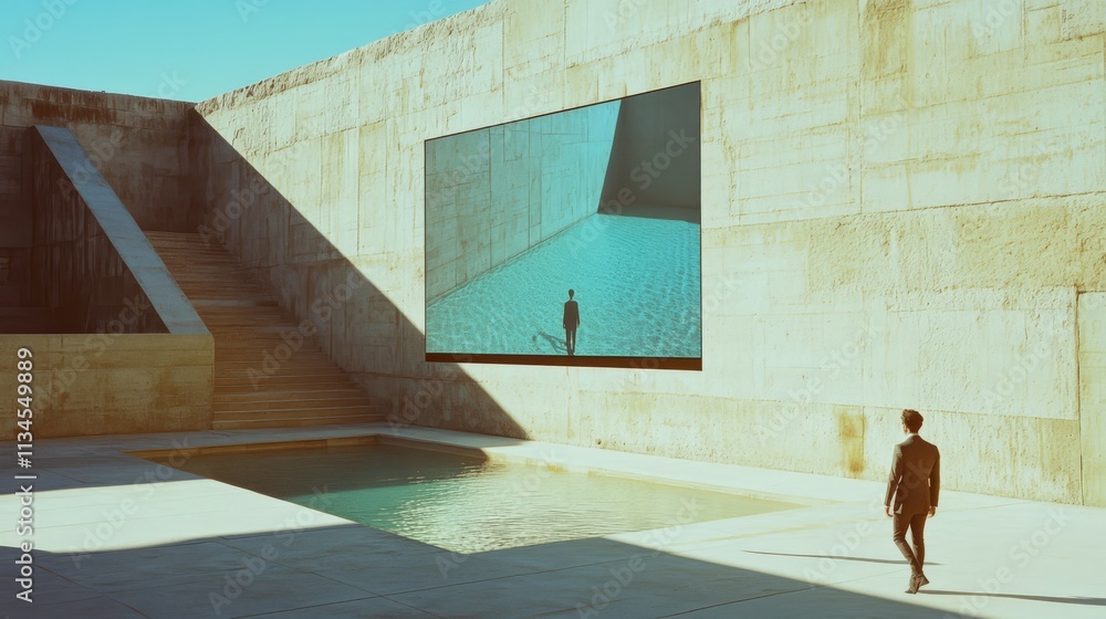 Aufkleber minimalist architecture: a solitary figure walks towards a reflecting pool and large window in a sta