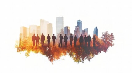 Obraz premium Business Conference Group with Silhouettes and Cityscape Background