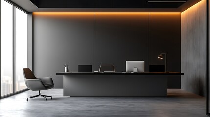 Stylish office with minimalist design, sleek furniture