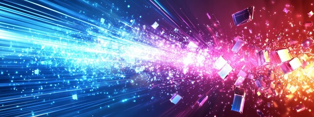 Obraz premium Vibrant neon light rays in purple and blue, representing high-speed space travel, time tunnel, and digital art design concepts.