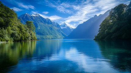 Fototapeta premium Tranquil Mountain Lake Reflection, Serene Snow-Capped Lake View