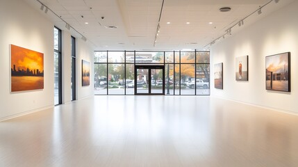 Paintings of vibrant street scenes and jazz clubs from the Harlem Renaissance in a modern gallery setting