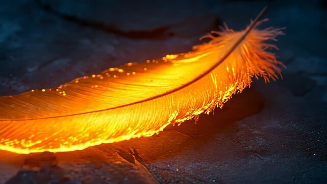 Glowing feather ignites on textured surface creating dynamic light trail