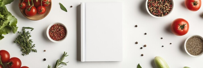 In a clean, white space, a blank cookbook is elegantly displayed, surrounded by fresh ingredients like vibrant tomatoes, fragrant herbs, and spices, symbolizing an inspiring cooking journey