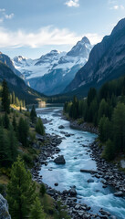 Fototapeta premium The pristine beauty of mountains rivers and lakes is captured in untouched copy space images, professional photography, with white tones