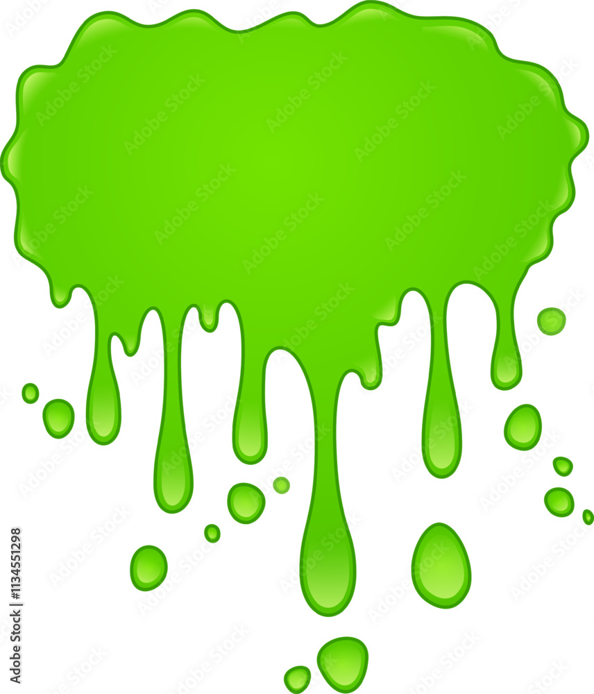 Poster viscous bright green goo is slowly dripping down, forming drops and blobs of various sizes, creating