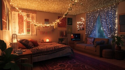 Obraz premium Cozy bohemian bedroom with fairy lights, tapestries, and plants at night.