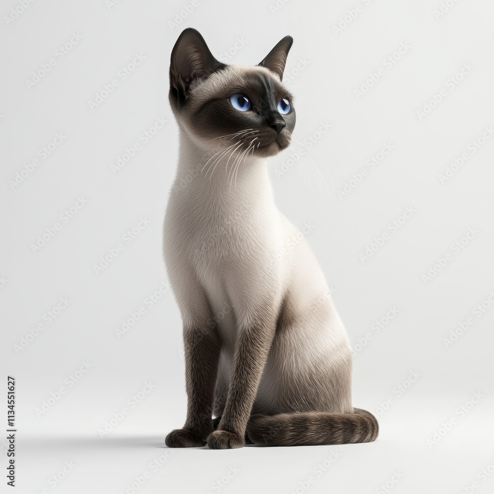 Poster a realistic 3d render of a short-haired siamese cat sitting gracefully on a white surface, isolated 
