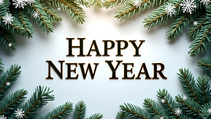 Happy New Year greeting with fir branches and snowflakes. Concept of celebration and new beginnings.