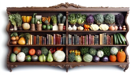 Ornate wooden bookcase filled with assorted fruits and vegetables, and books.