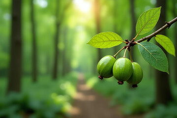 hazelnut tree branch holds green unripe nuts amidst dense forest background empty white