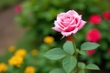 single pink rose located beautiful outdoor garden setting surrounded lush greenery vibrant