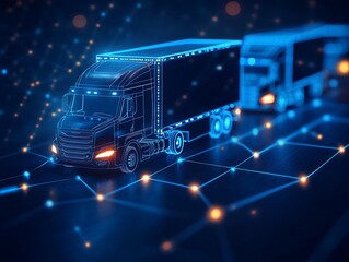 Digital rendering of trucks with glowing connections in a futuristic setting.