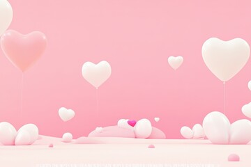 Pink and white heart balloons float gently above a pastel landscape