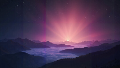 Colorful sunrise over misty mountains with copy space