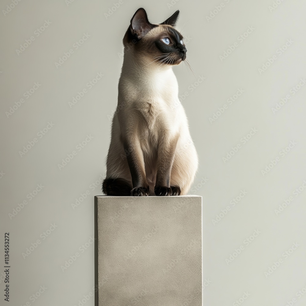 Poster a short-haired siamese cat sitting regally on a minimalist block structure, positioned symmetrically