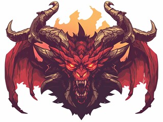 Red dragon head with horns, fire, wings.