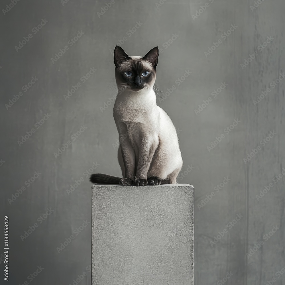 Poster a short-haired siamese cat sitting regally on a minimalist block structure, positioned symmetrically